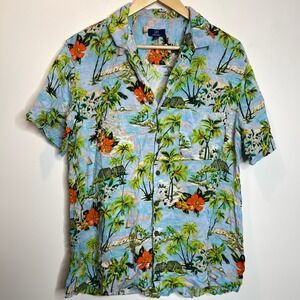 George Blue Green Aloha Mens Hawaiian Shirt Button Down‎ Tropical Palm Tree